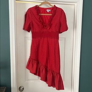 Finders Keepers Red Ruffled Short Sleeve Embroidered Asymmetrical Dress- Read!
